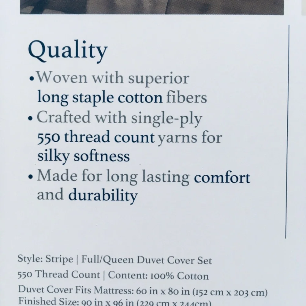 CHARCOAL GRAY Charter Club Stripe 550 TC 100% Cotton FULL/QUEEN Duvet Cover Set